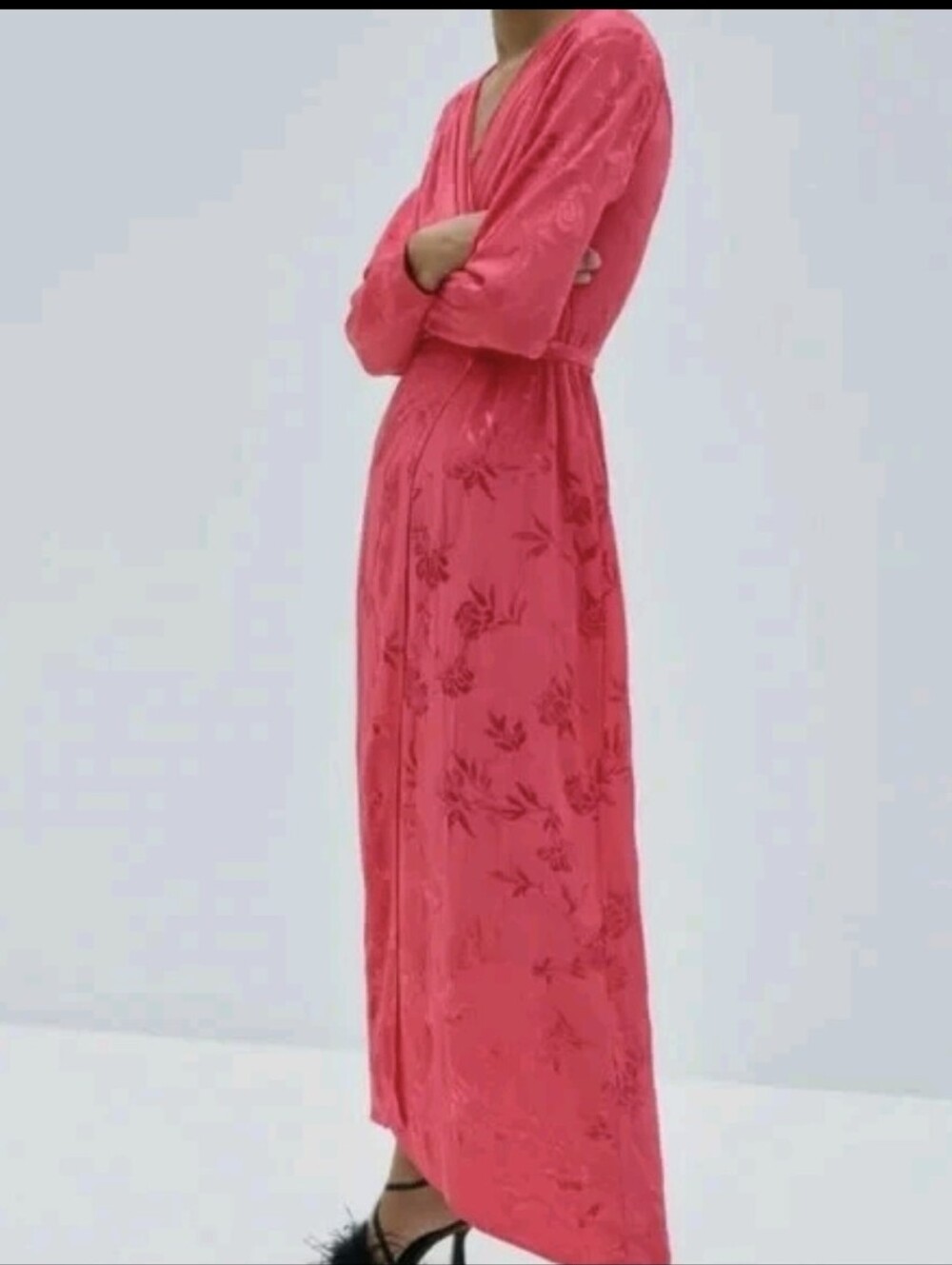 Zara Floral Pink Jacquard Long-Sleeve Wrap Maxi Dress